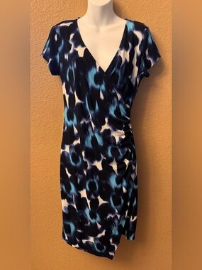 Maggy London Abstract Print Faux Wrap Ruched Dress Navy/Teal/White 6